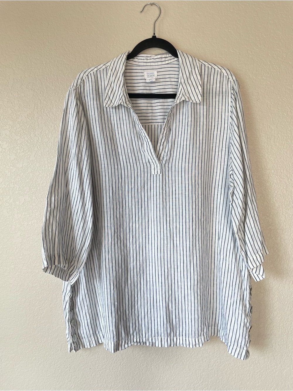 Sigrid Olsen 100% Linen White Navy pin Stripe Tunic Top 1X